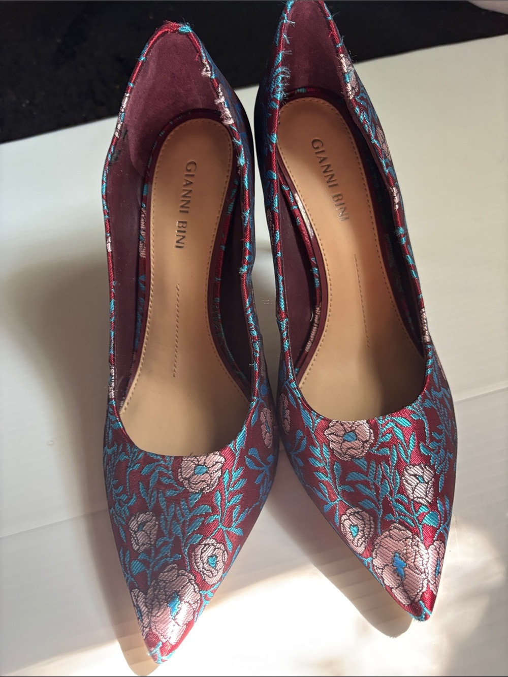 Gianni Bini Burgundy Floral Jacquard Pointed Pumps with Teal Accents